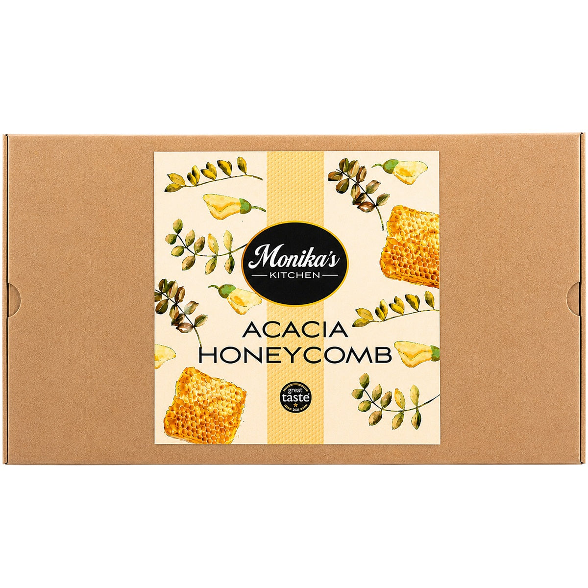 Whole raw acacia honeycomb in its wooden frame, fully filled with comb, ready to cut and serve.