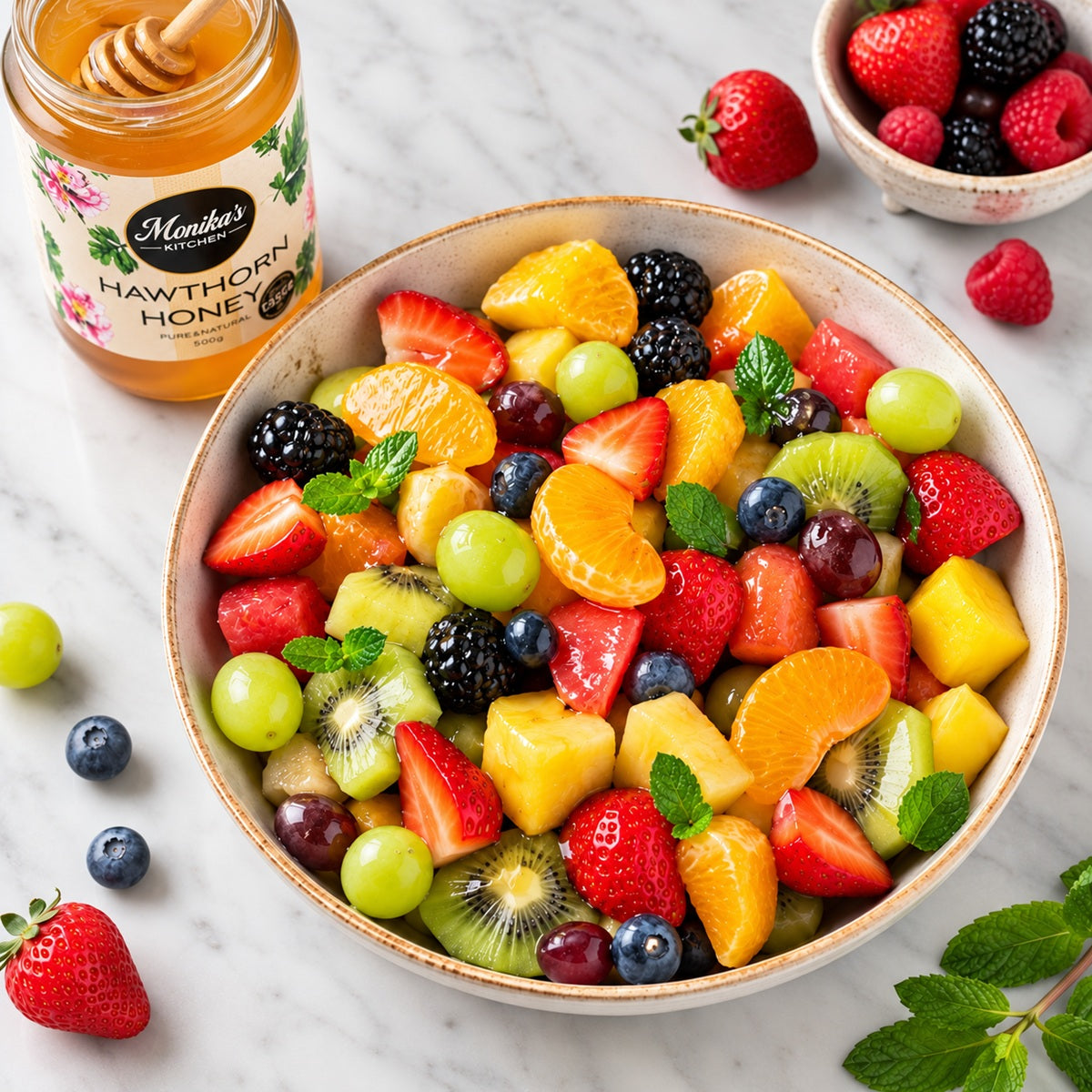 Fruit salad in a bowl with a jar of Monika's Kitchen Hawthorn Honey on a marble surface.