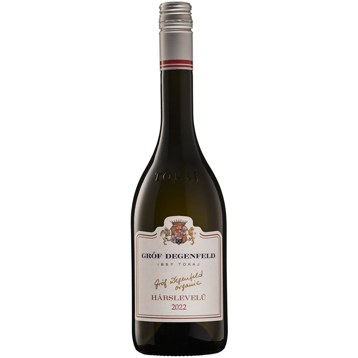 A bottle of Tokaji Hárslevelű wine from organic white grapes made by Grof Degenfeld Winery.