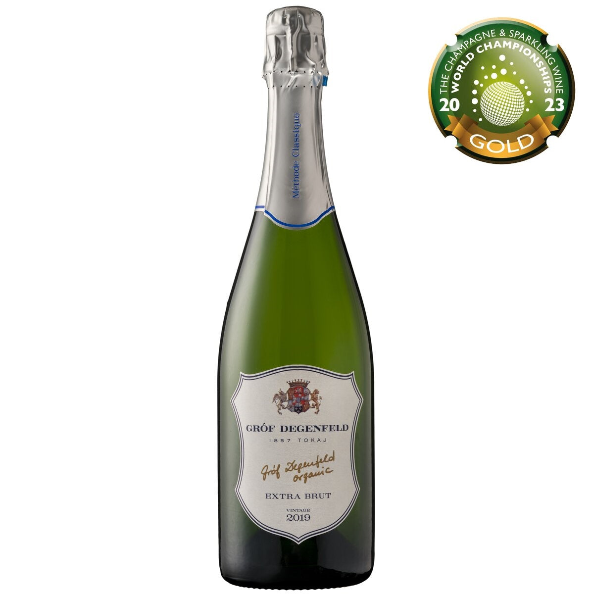 A bottle of Tokaji brut sparkling wine from Grof Degenfeld Winery.