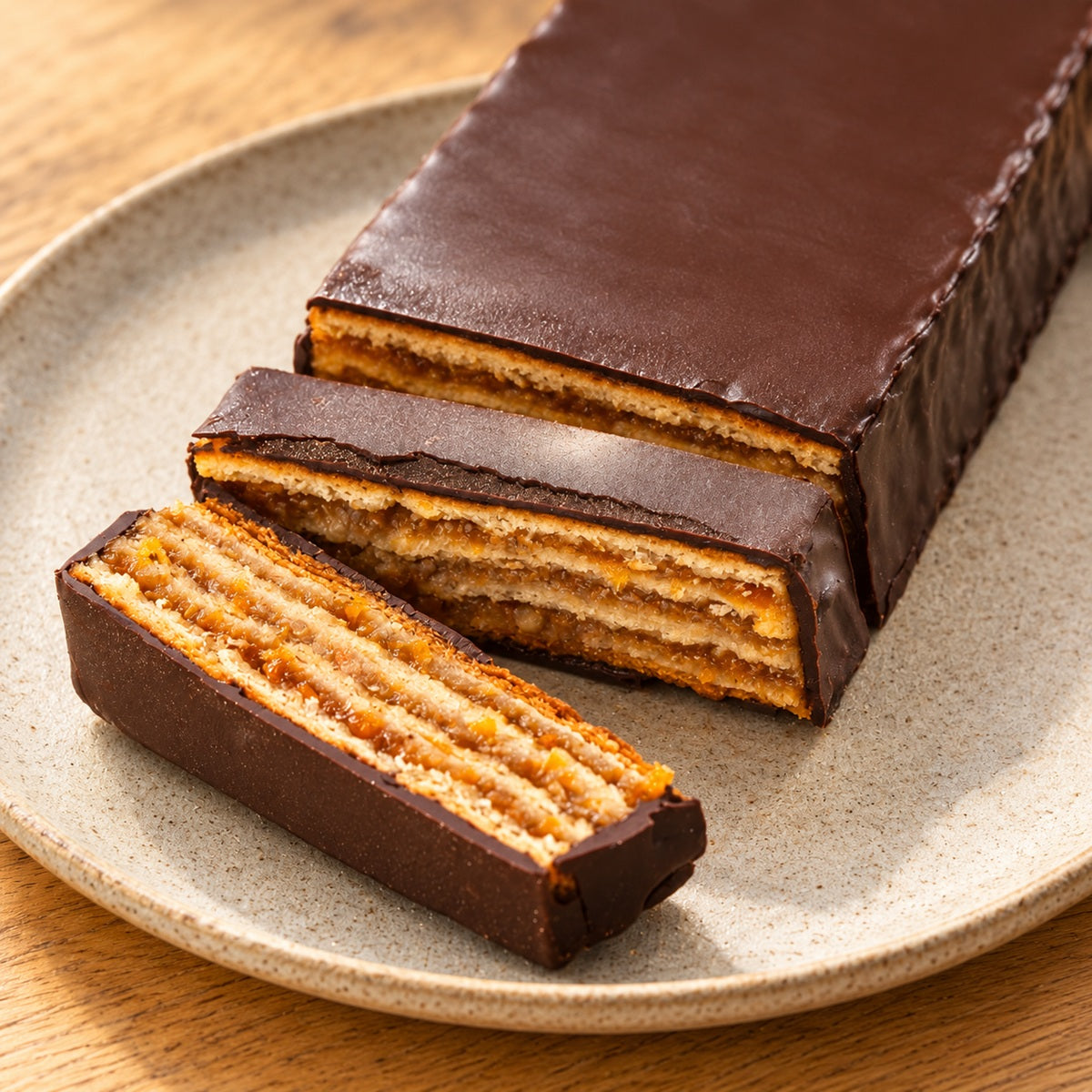 Slices of Gerbeaud cake: a Hungarian Zserbó layered with apricot jam and covered in dark chocolate.