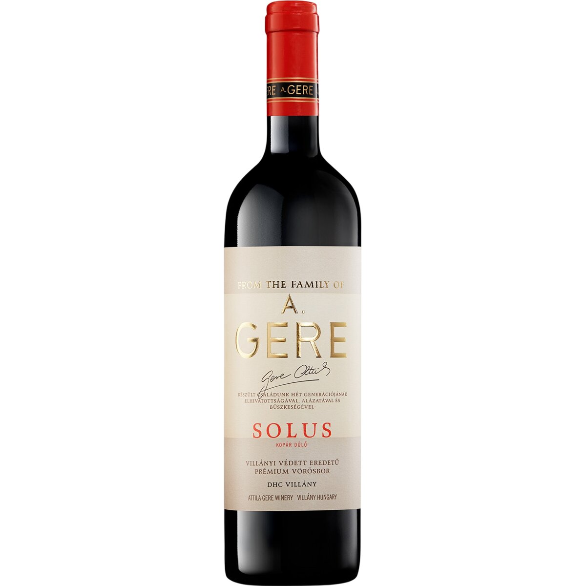 Bottle of Solus from A. Gere winery in Hungary, made from Merlot grapes.