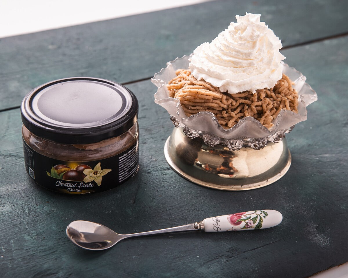 Gesztenyepüré is a Hungarian dessert made with chestnut puree and whipped cream.