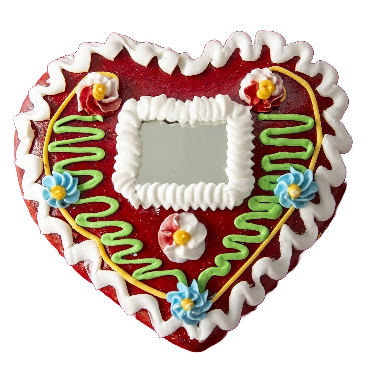 An artisan gingerbread heart-shaped biscuit decoration.