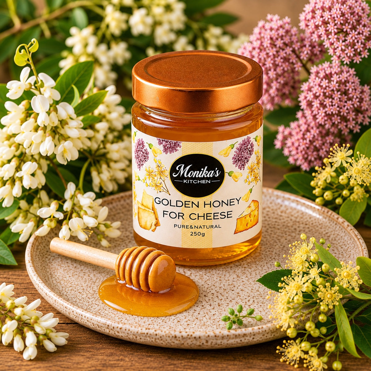 Jar of Monika's Kitchen Golden Honey with a honey dipper on a wooden surface with acacia, silkweed and linden flowers.