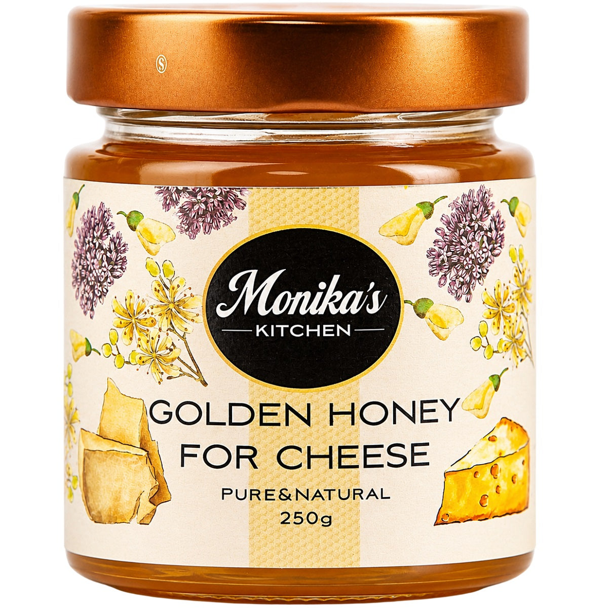 Golden Honey for Cheese is a naturally runny blend of acacia and linden honey, created for cheese boards.