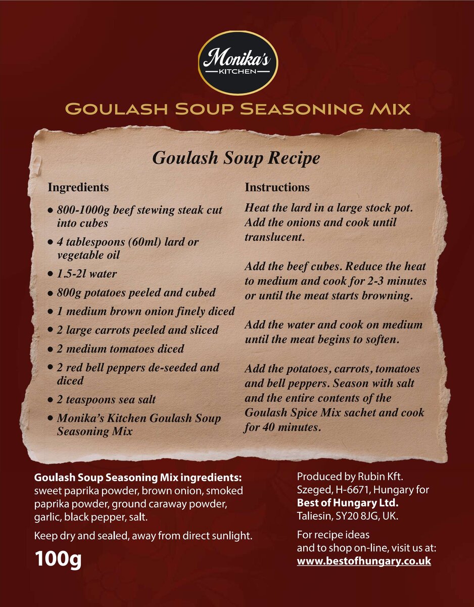A list of ingredients and a recipe for making Hungarian goulash soup.