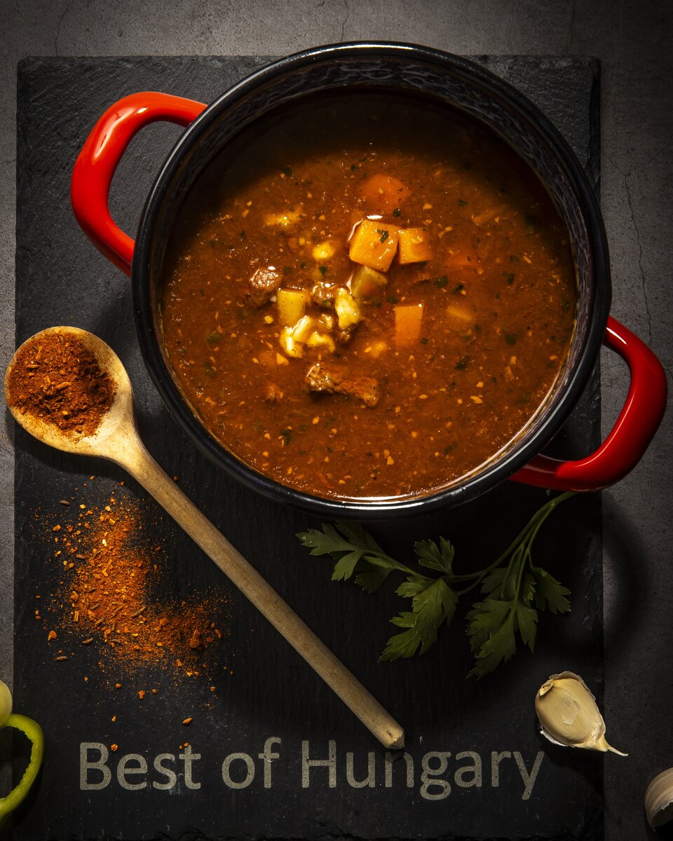 A pot of Hungarian beef goulash soup with authentic seasoning.