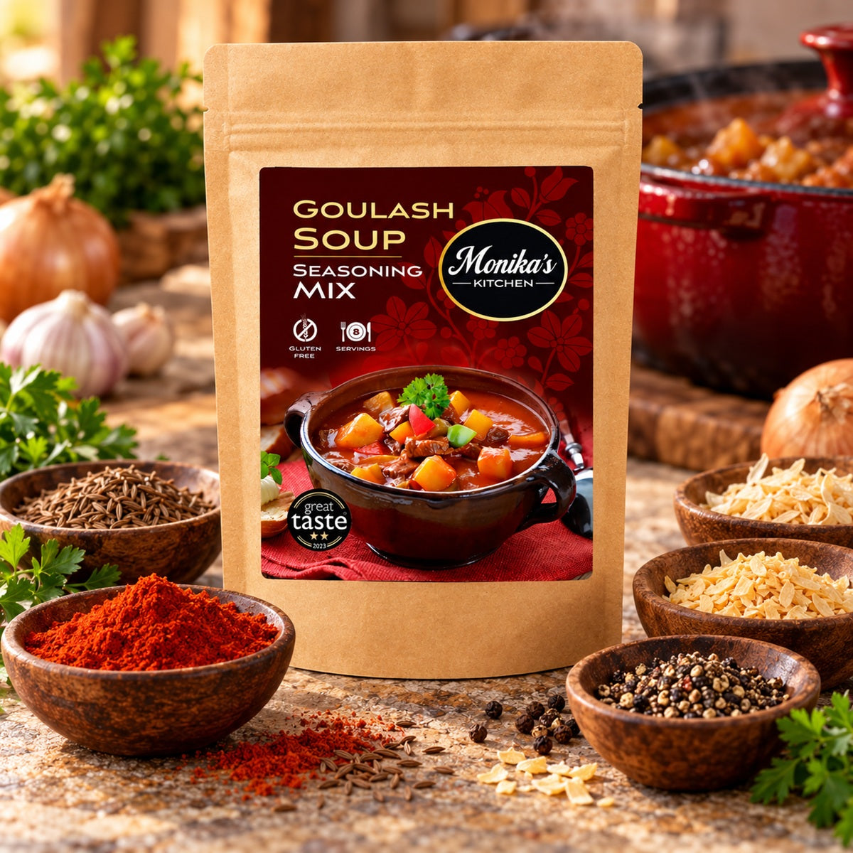 Monika's Kitchen Goulash Soup Seasoning Mix pouch with paprika, caraway, garlic and black pepper.