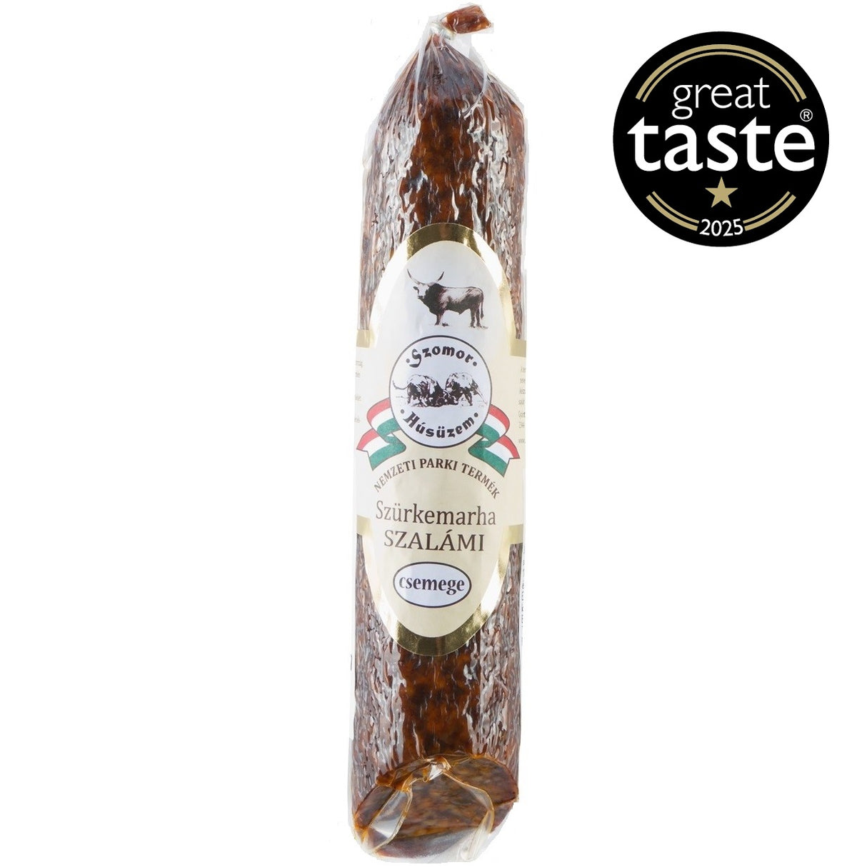A grey cattle salami made with free-range szürkemarha beef meat.