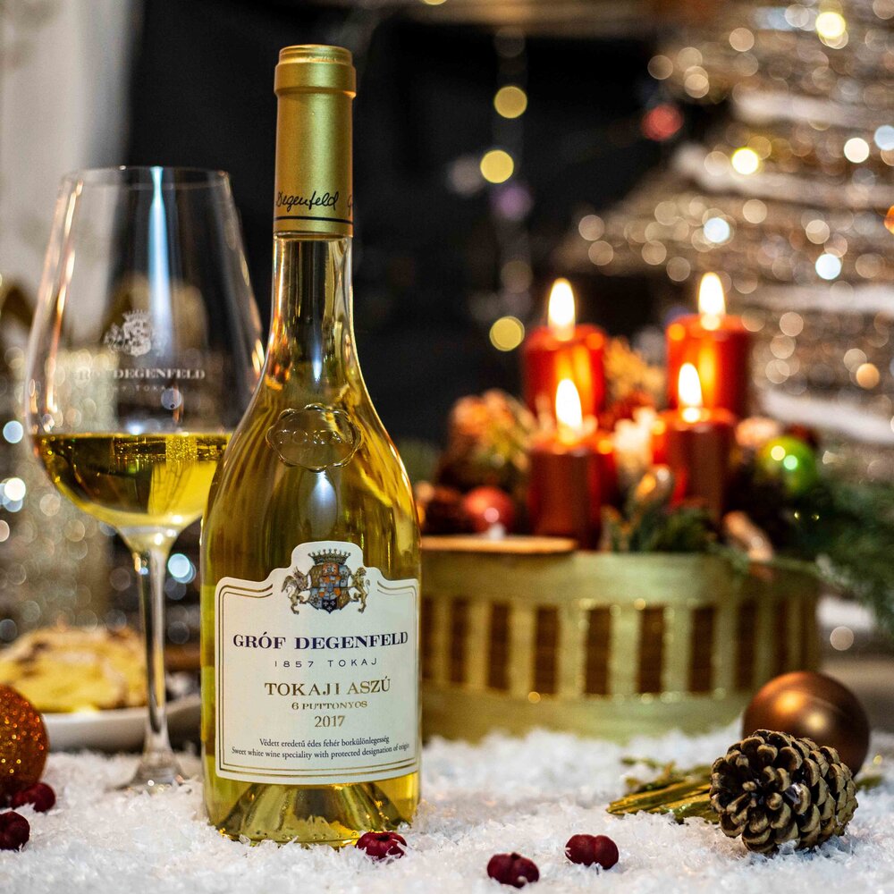 A bottle of Tokaji Aszu 6 Puttonyos Hungarian sweet wine.