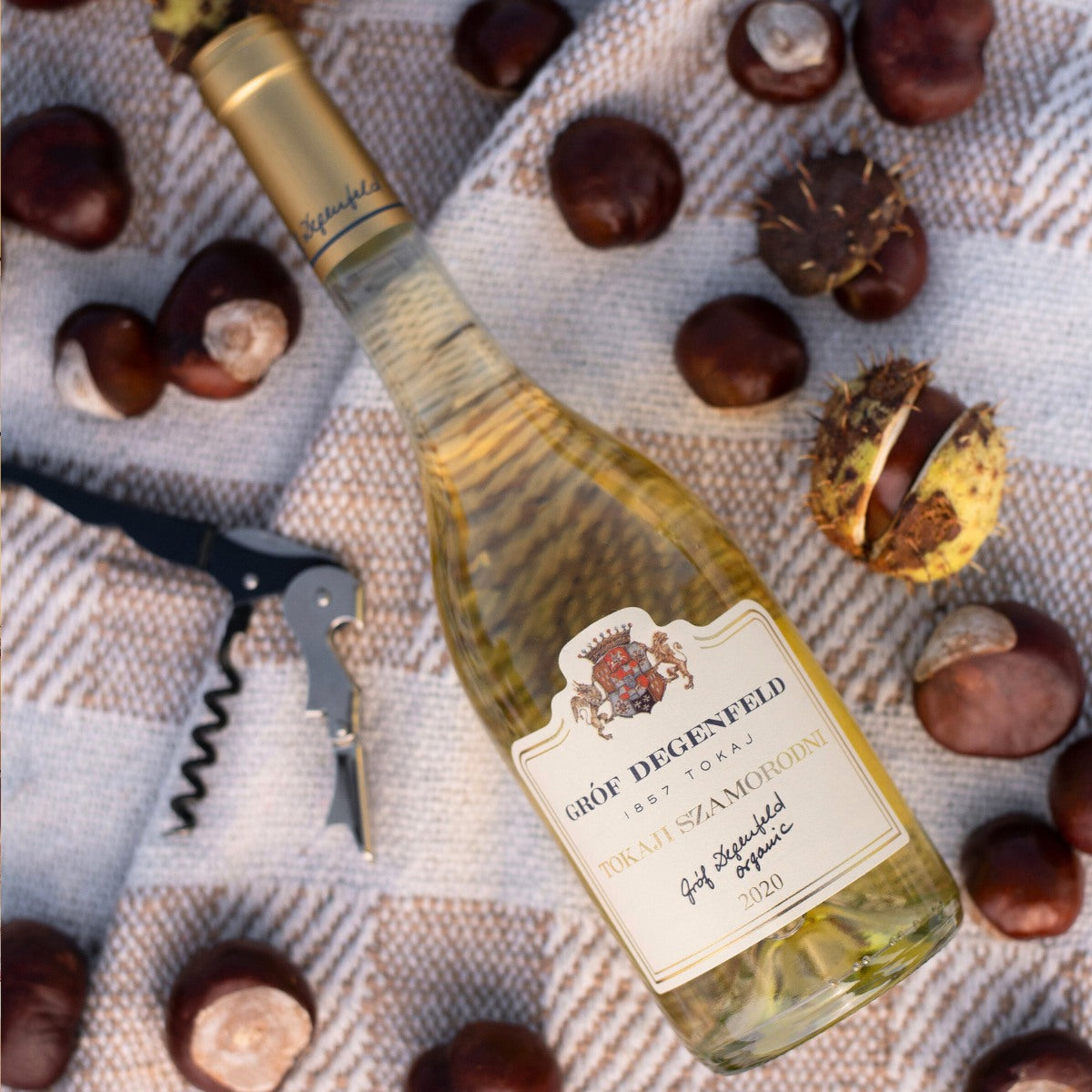 A bottle of Hungarian sweet wine from Tokaj with chestnuts.