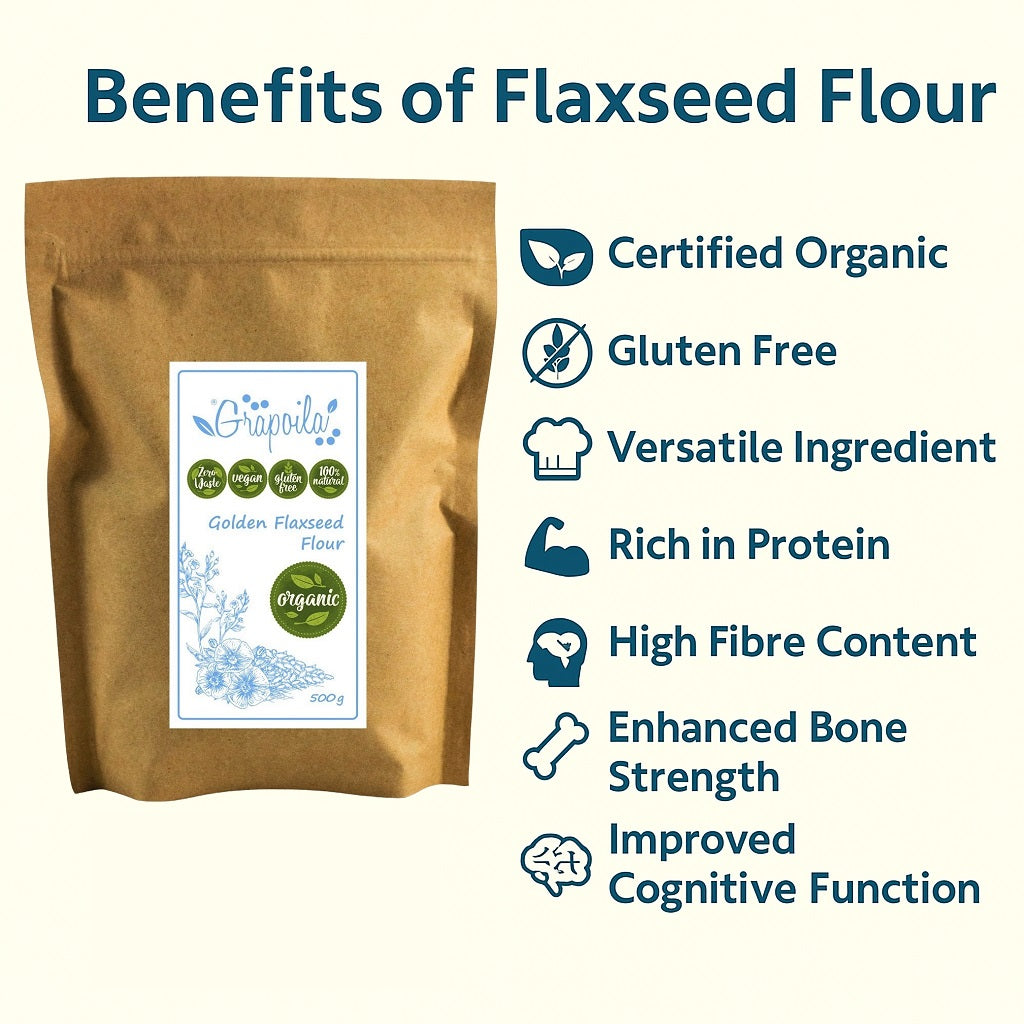 An infographic showing the health and nutritional benefits of eating ground flaxseed flour from milled golden linseeds.