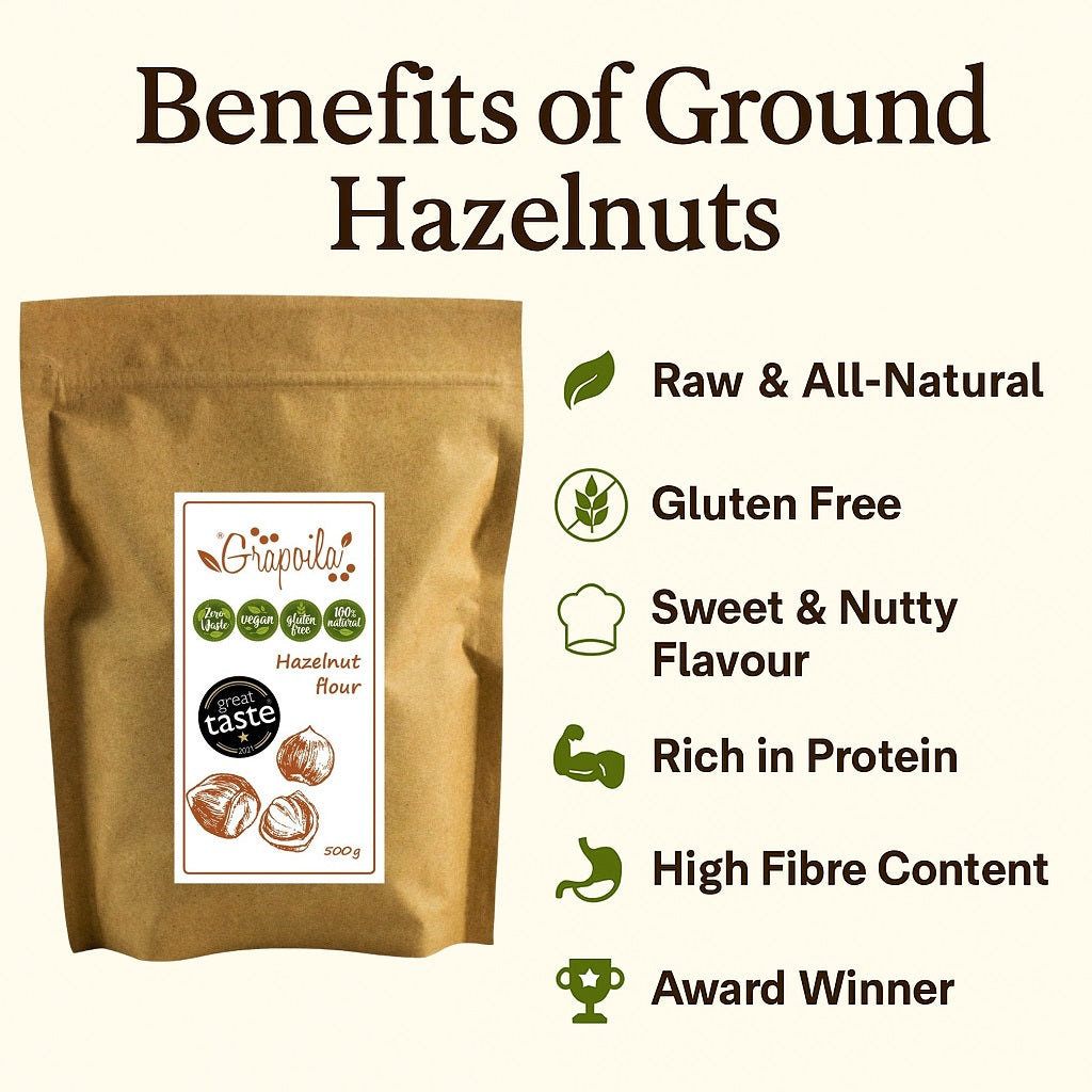 An infographic showing the health and nutritional benefits of eating and using ground hazelnut flour.