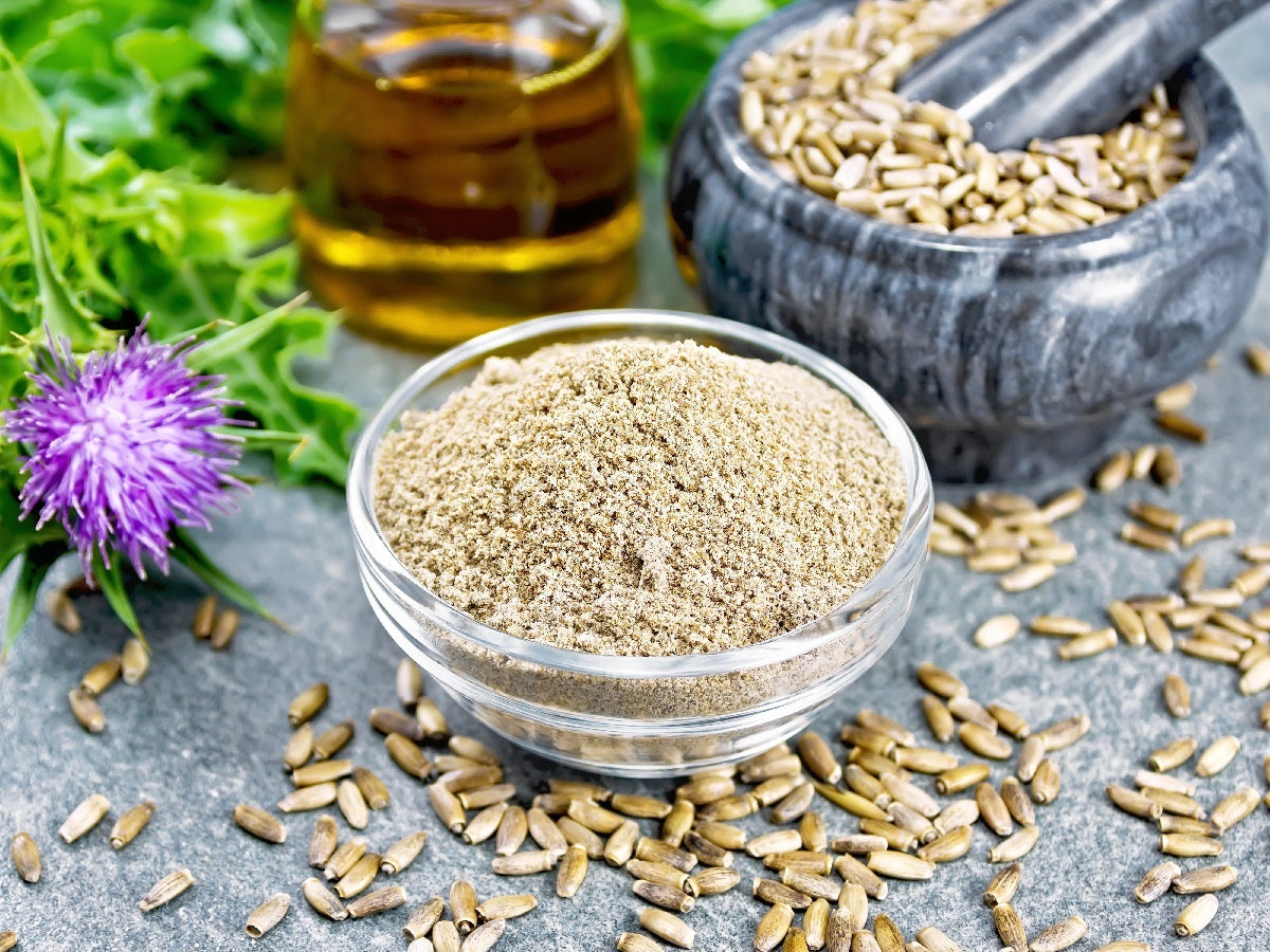 Organic milk thistle seed powder is the best source of liver protecting Silymarin, an herb suitable for horses and dogs.