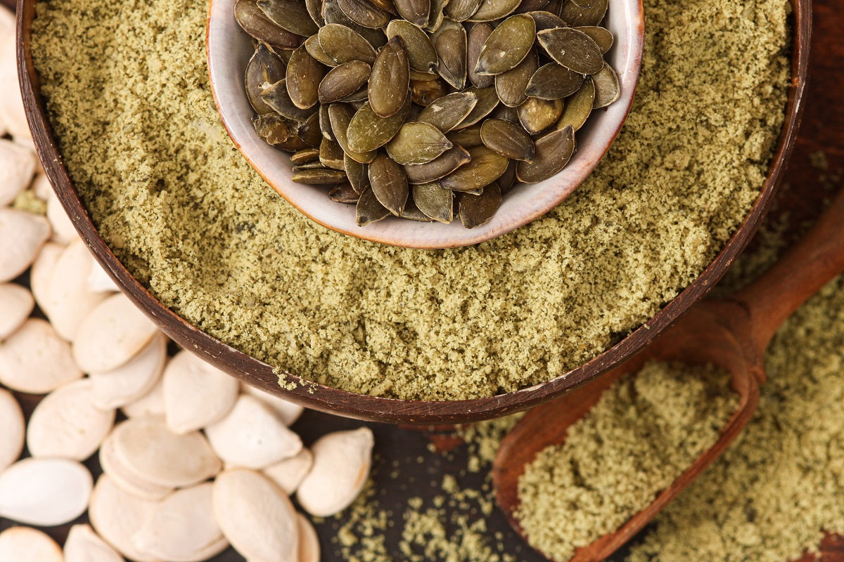 Ground pumpkin seed powder is a healthy gluten-free flour naturally rich in vegan protein, best used for keto recipes.