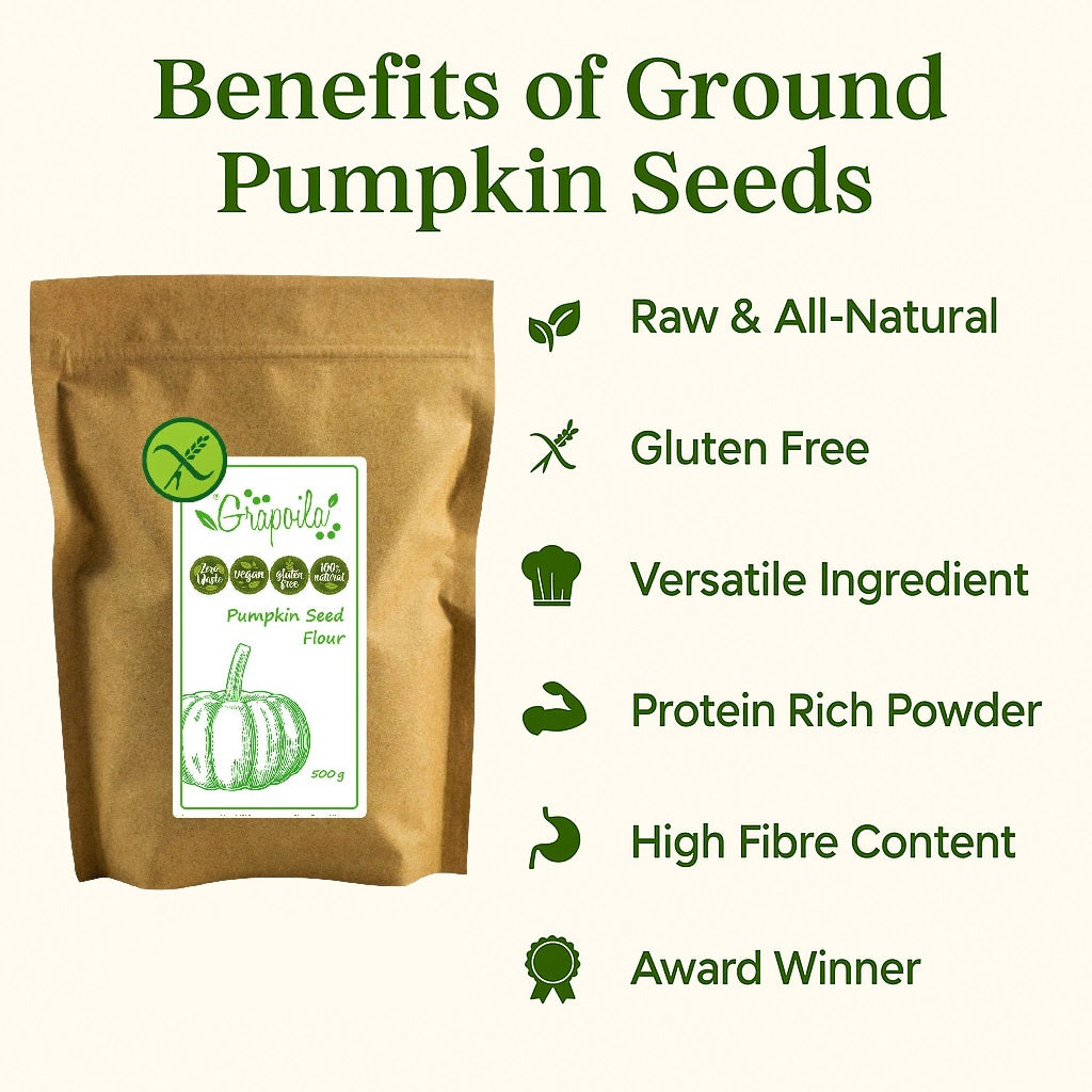 An infographic showing the health and nutritional benefits of eating and using ground pumpkin seed powder.