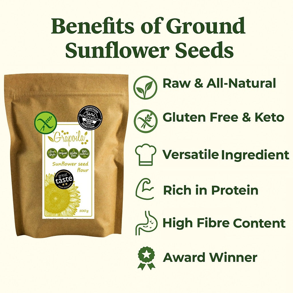 An infographic showing the health and nutritional benefits of eating and using ground sunflower seed flour.