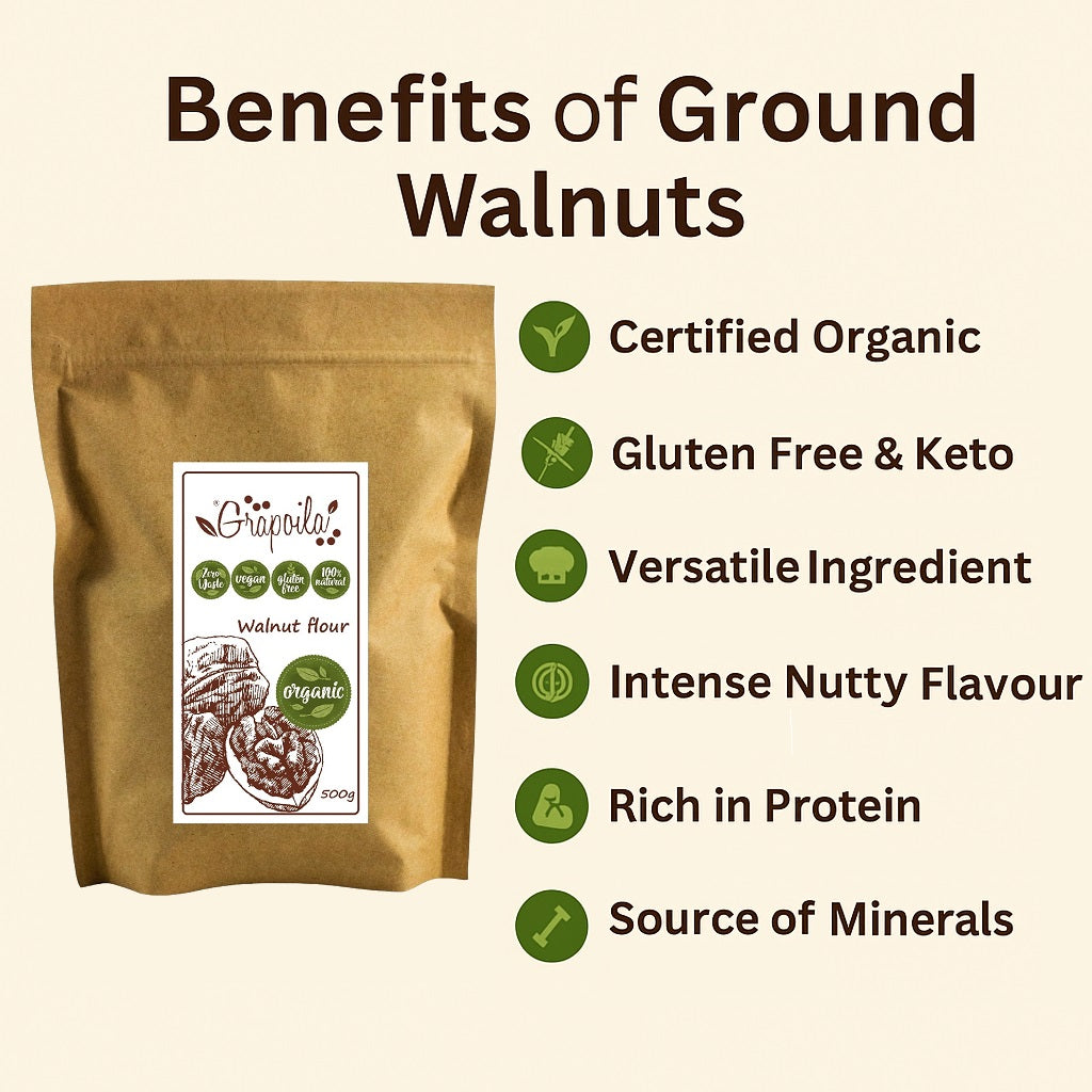 An infographic showing the health and nutritional benefits of eating and using ground walnut flour.