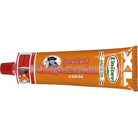 A tube of hot gulyáskrém, a Hungarian spicy goulash cream.