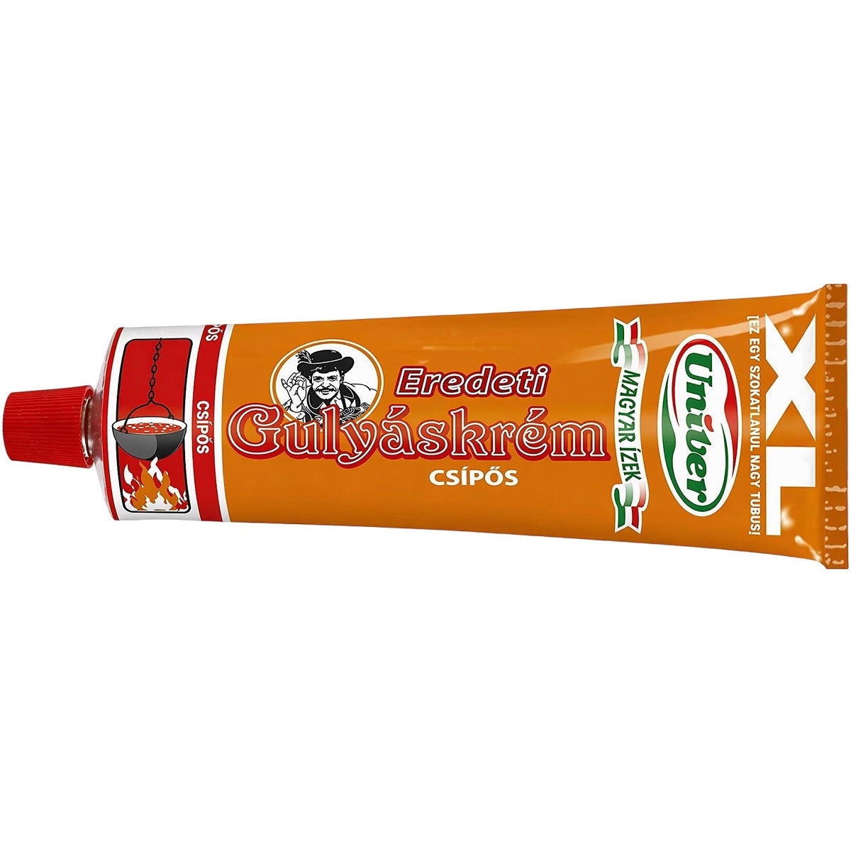 A tube of hot gulyáskrém, a Hungarian spicy goulash cream.