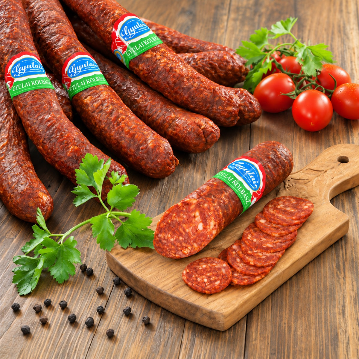 Slices of Gyulai kolbász, a traditional Hungarian smoked pork sausage, with tomatoes on a chopping board.
