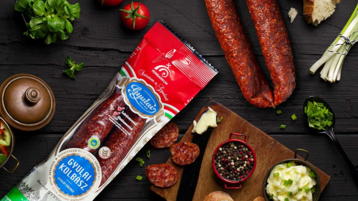 A pack of Gyulai sausage, a traditional Hungarian smoked kolbász.