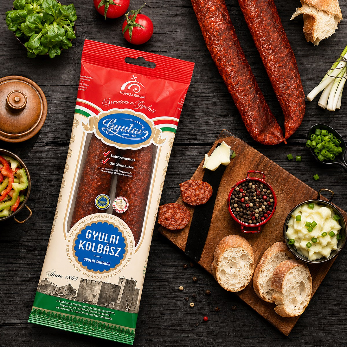 Pack of Gyulai sausage, a traditional Hungarian smoked kolbász, with bread and fresh vegetables.