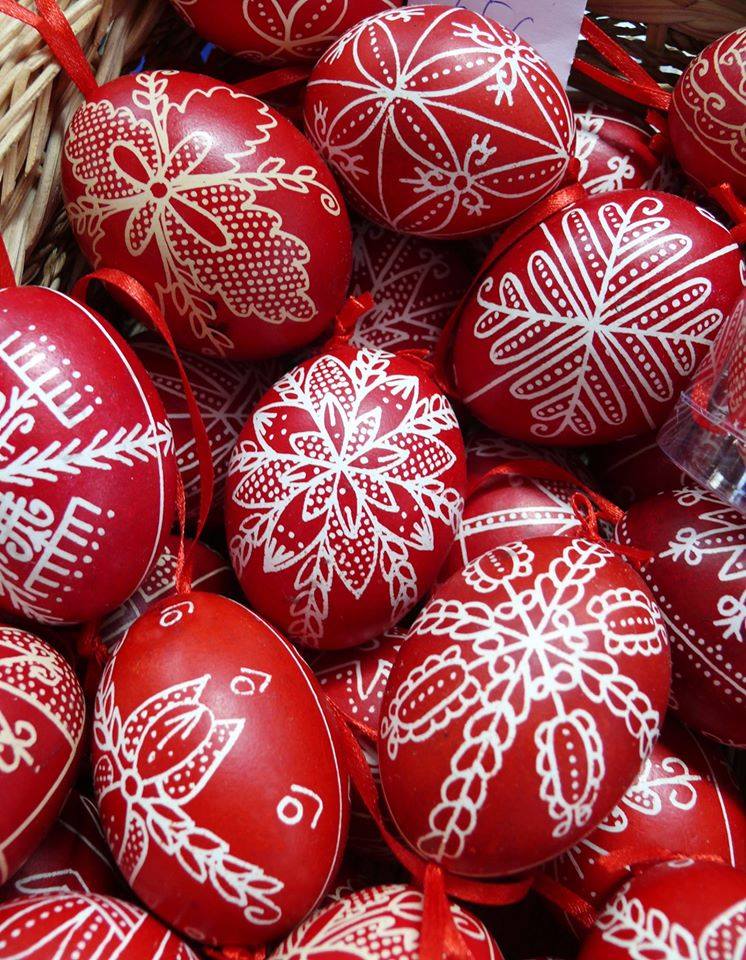 Hand painted and traditionally decorated red Easter eggs.