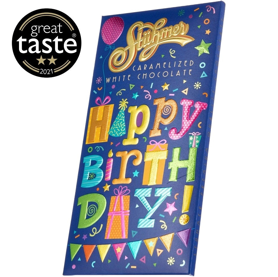 A Happy Birthday chocolate bar of caramelised white chocolate, this is the best gift for chocolate lovers.