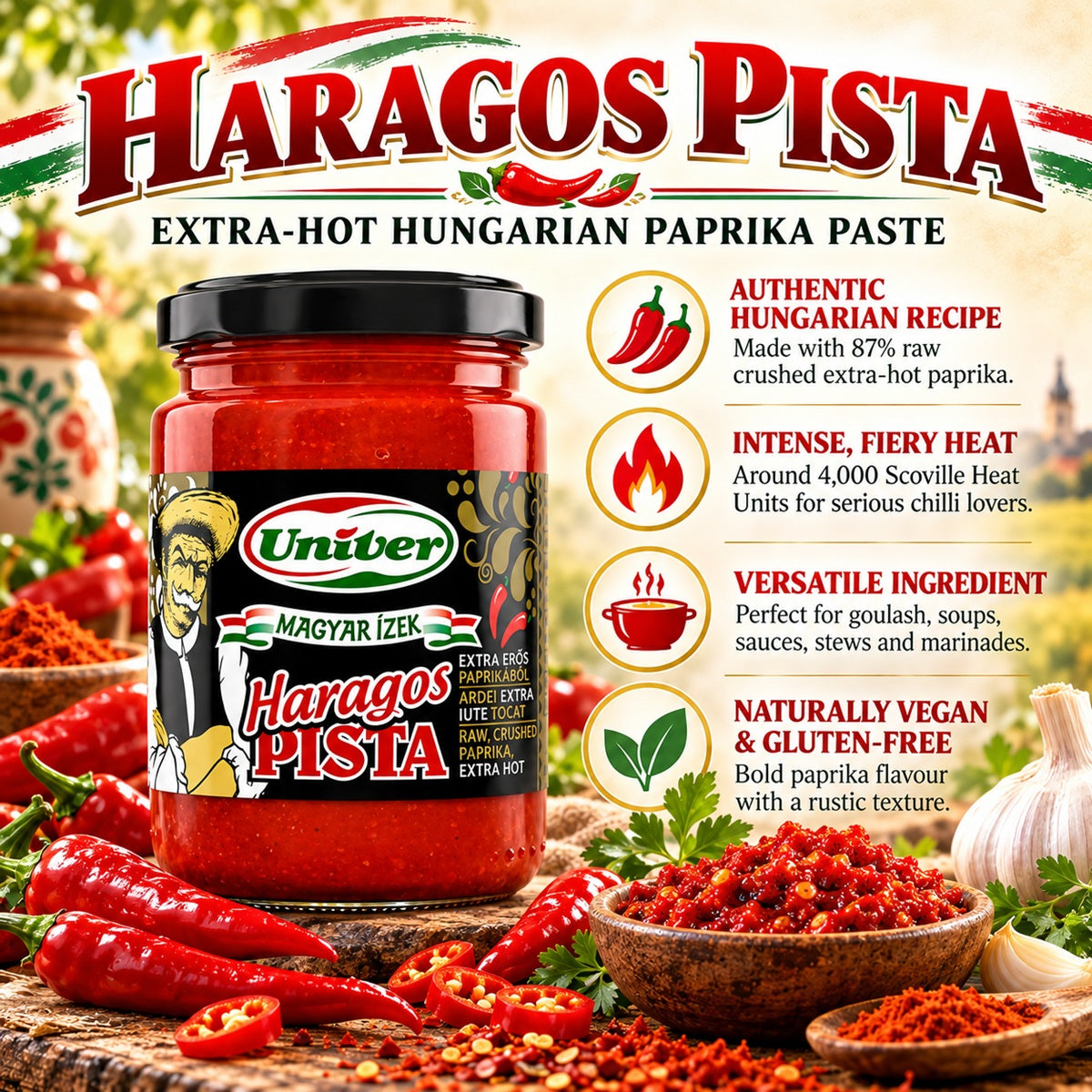 An infographic about Haragos Pista, an iconic Hungarian extra hot paprika paste from crushed chilli peppers.