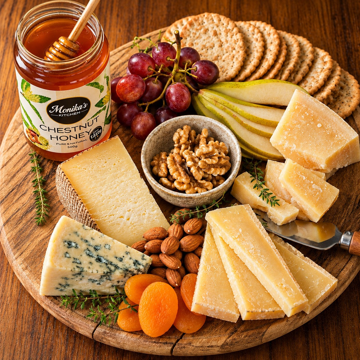 Wooden platter with assorted hard cheeses, fruits, nuts, paired with a jar of chestnut honey on a wooden surface.