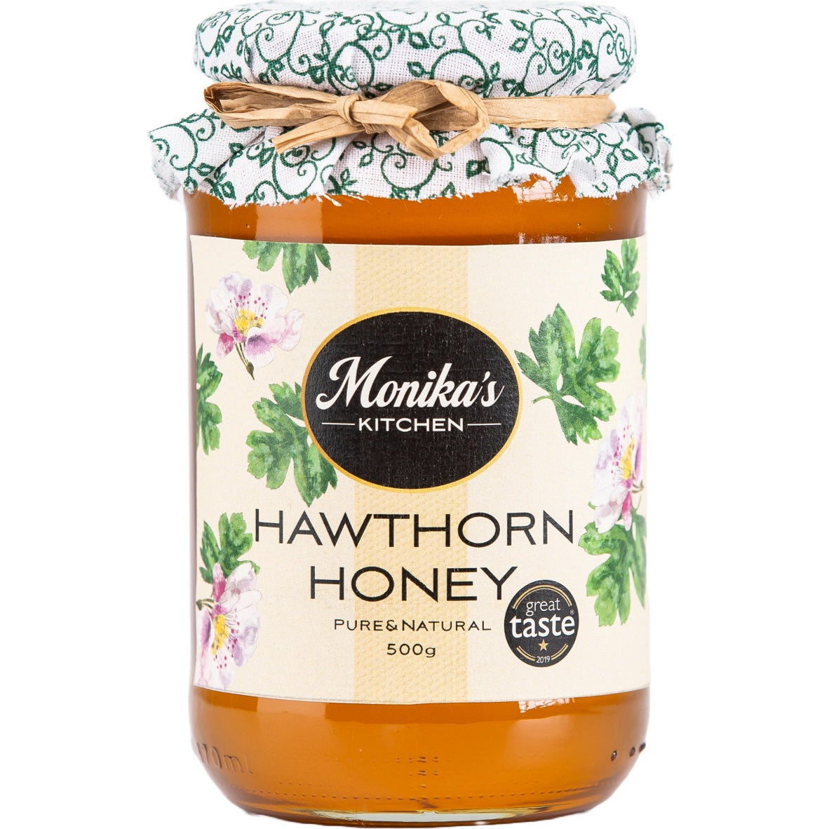 A jar of raw hawthorn honey, a pure and natural unpasteurised honey.