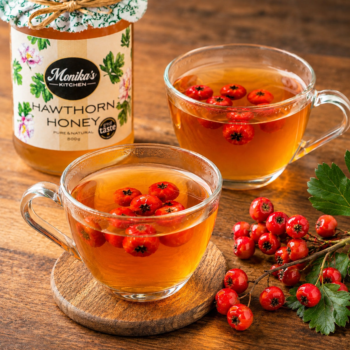 Two cups of hawthorn tea from fresh berries, with a jar of Monika's Kitchen Hawthorn Honey on a wooden surface.