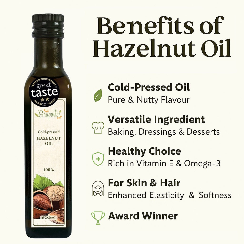 An infographic showing the health and nutritional benefits of eating and using cold pressed hazelnut oil.