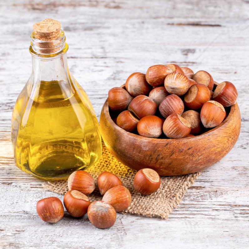 A jar of hazelnut oil, this cold-pressed cooking oil best used for drizzling over salads.