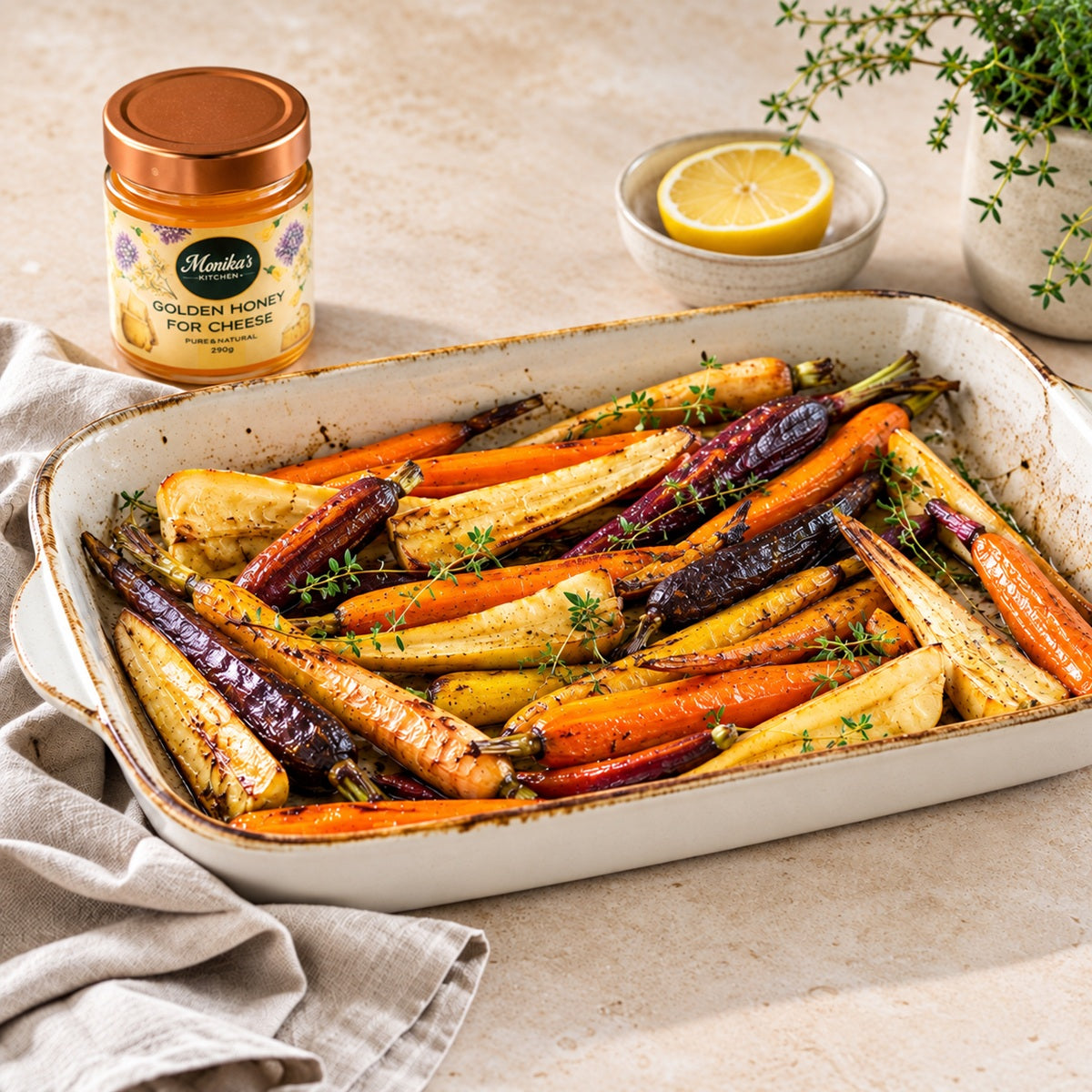 Dish of honey-roasted rainbow carrots and parsnips with a jar of Monika's Kitchen Golden Honey, herbs and lemon.