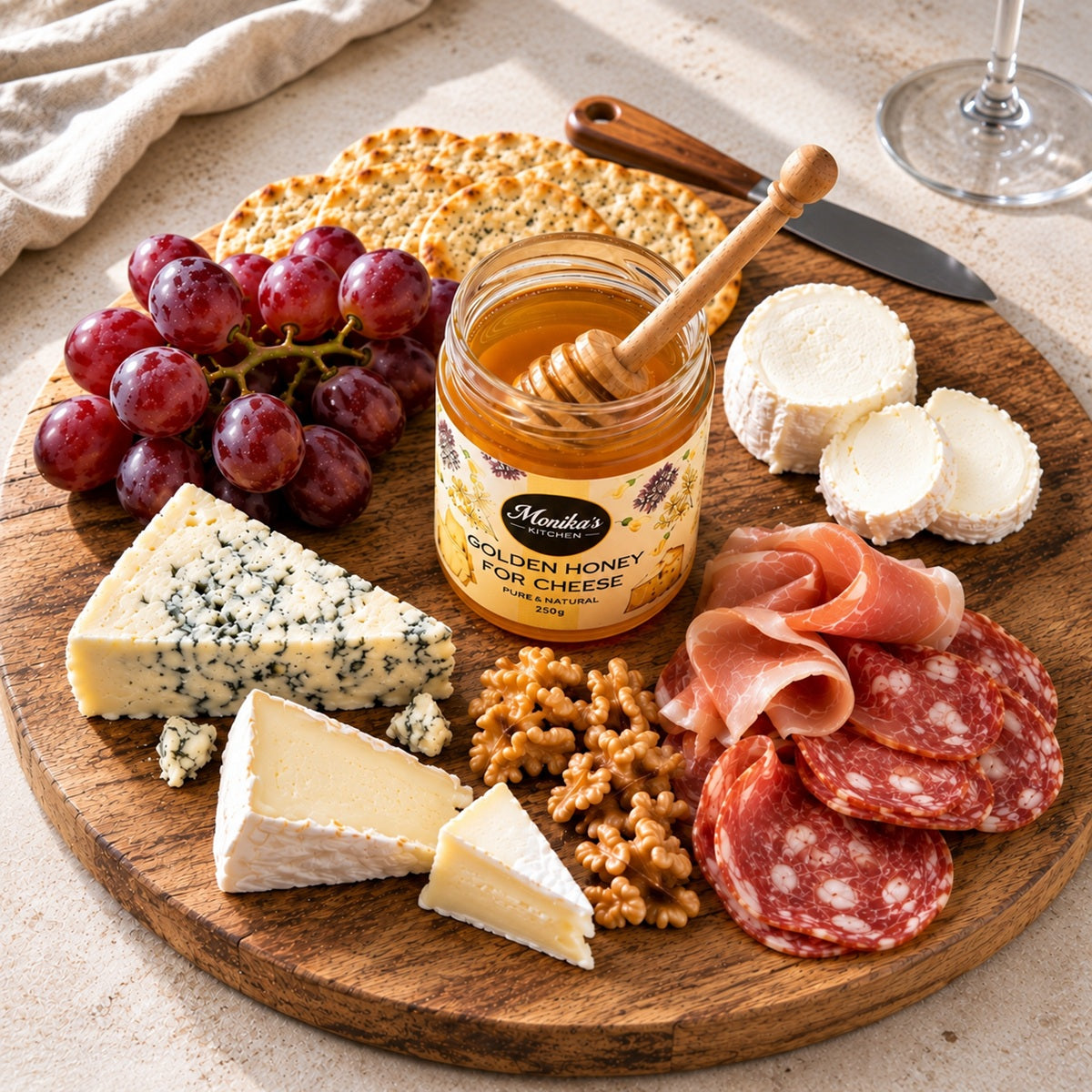 Wooden platter with assorted cheeses, salami, grapes, and a jar of Monika's Kitchen Golden Honey.
