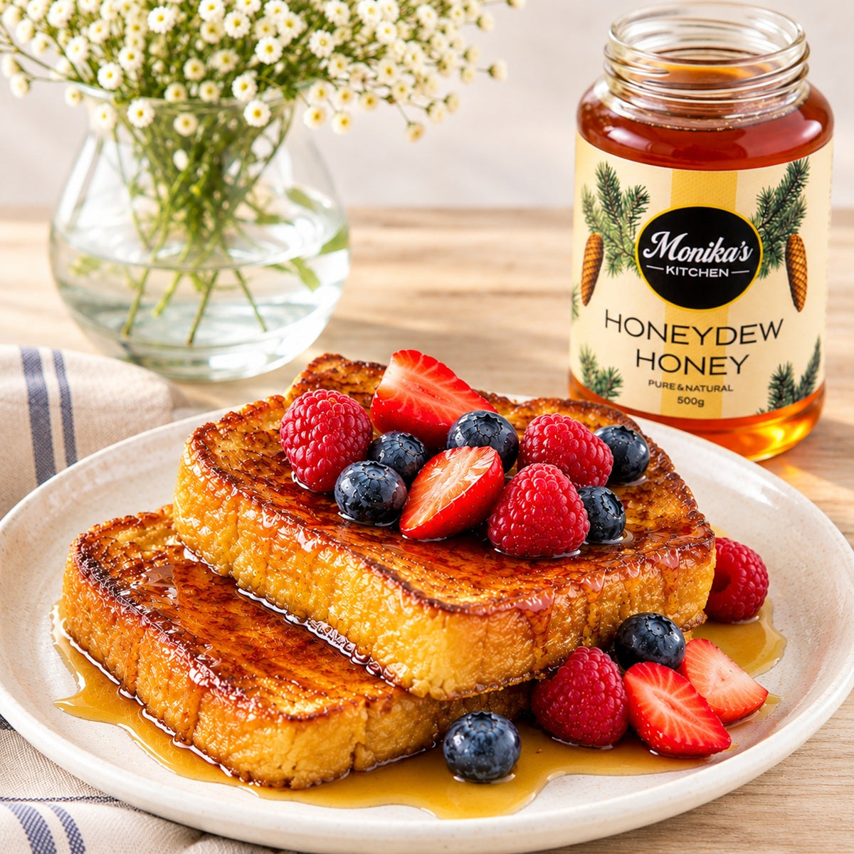 Stack of French toast with berries and honey on a plate next to a jar of honeydew honey.