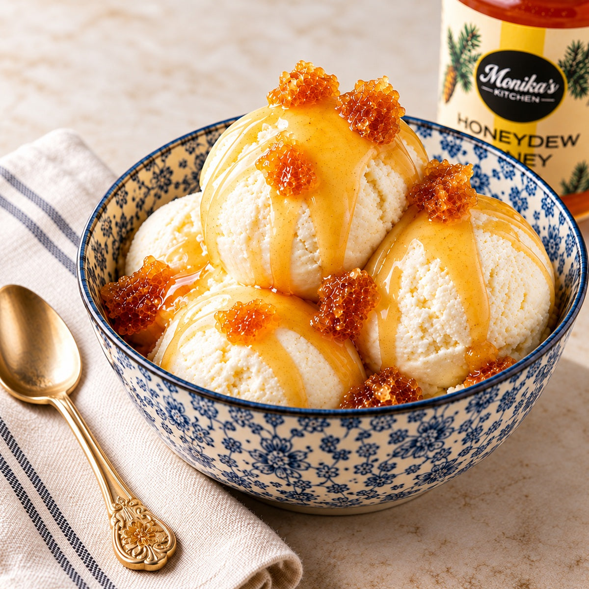 Bowl of vanilla ice cream with honeycomb and honey, jar of Honeydew Honey in the background.