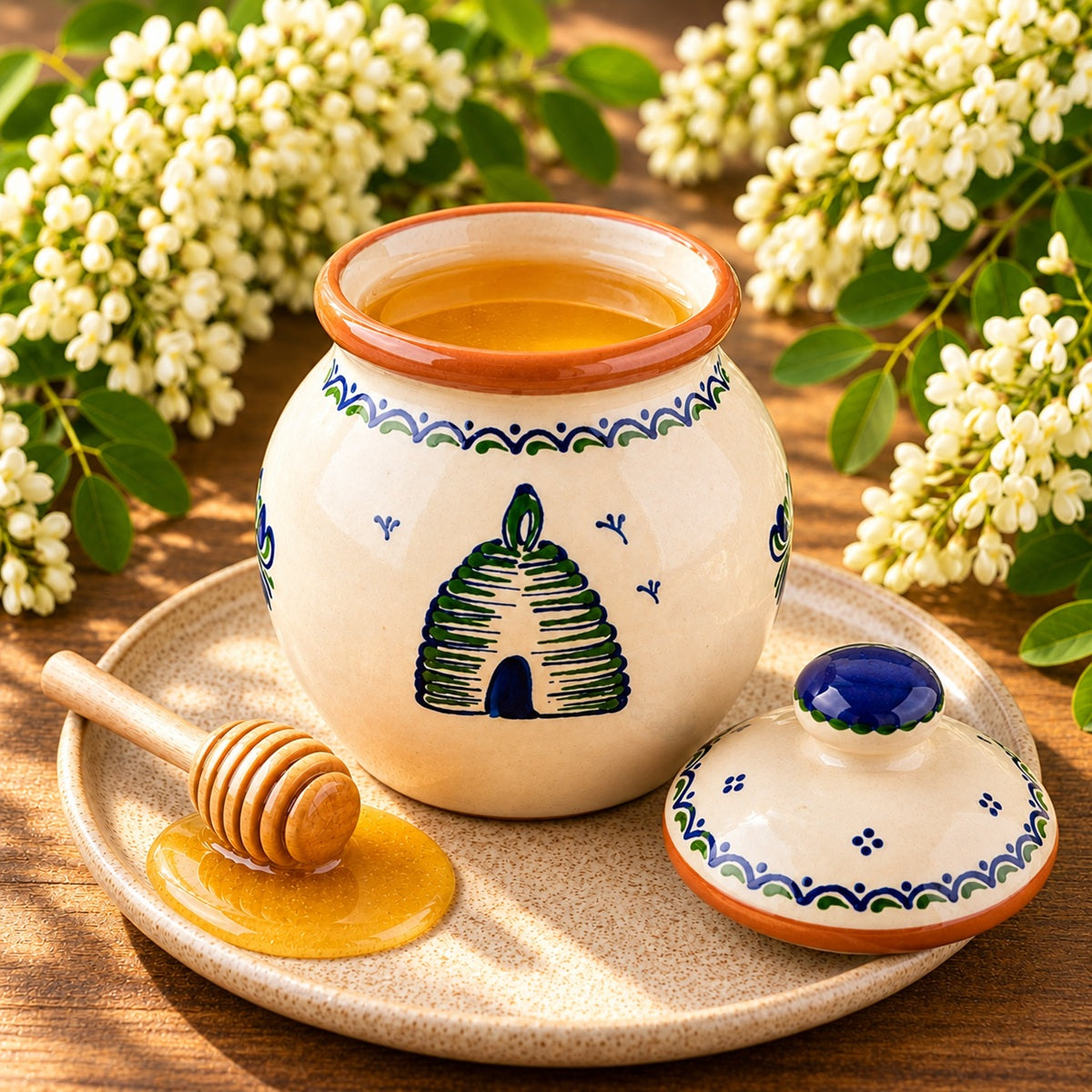 Ceramic honey pot with lid, filled with acacia honey, with a honey dipper, and flowers on a wooden surface