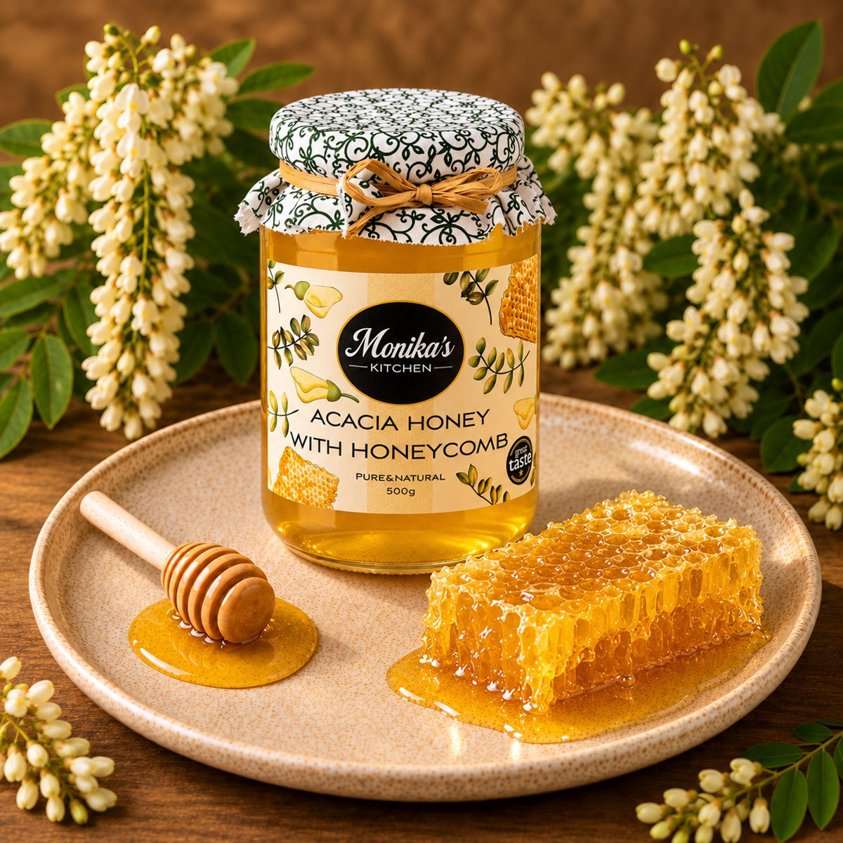 A jar of raw acacia honey with a piece of fresh-cut raw honeycomb.