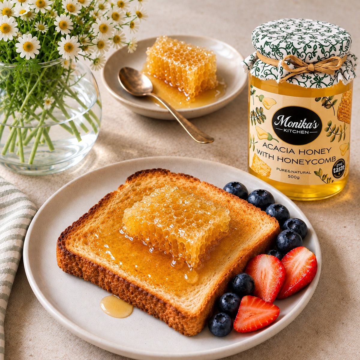 Toast with honey, honeycomb, berries, and a jar of Monika's Kitchen Acacia Honey with Honeycomb on a table.