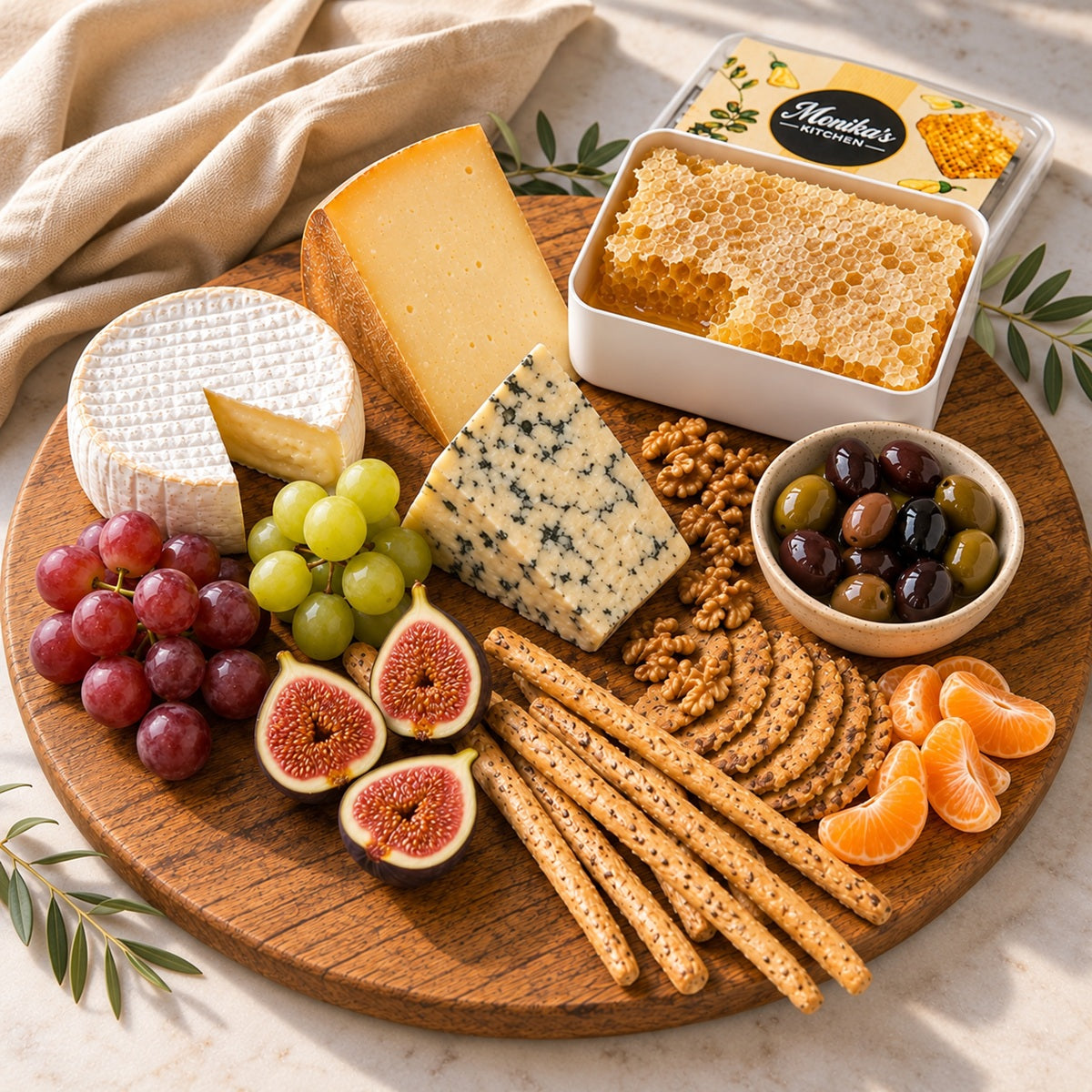 Wooden platter with assorted cheeses, raw honeycomb, fruits, and crackers on a marble surface.