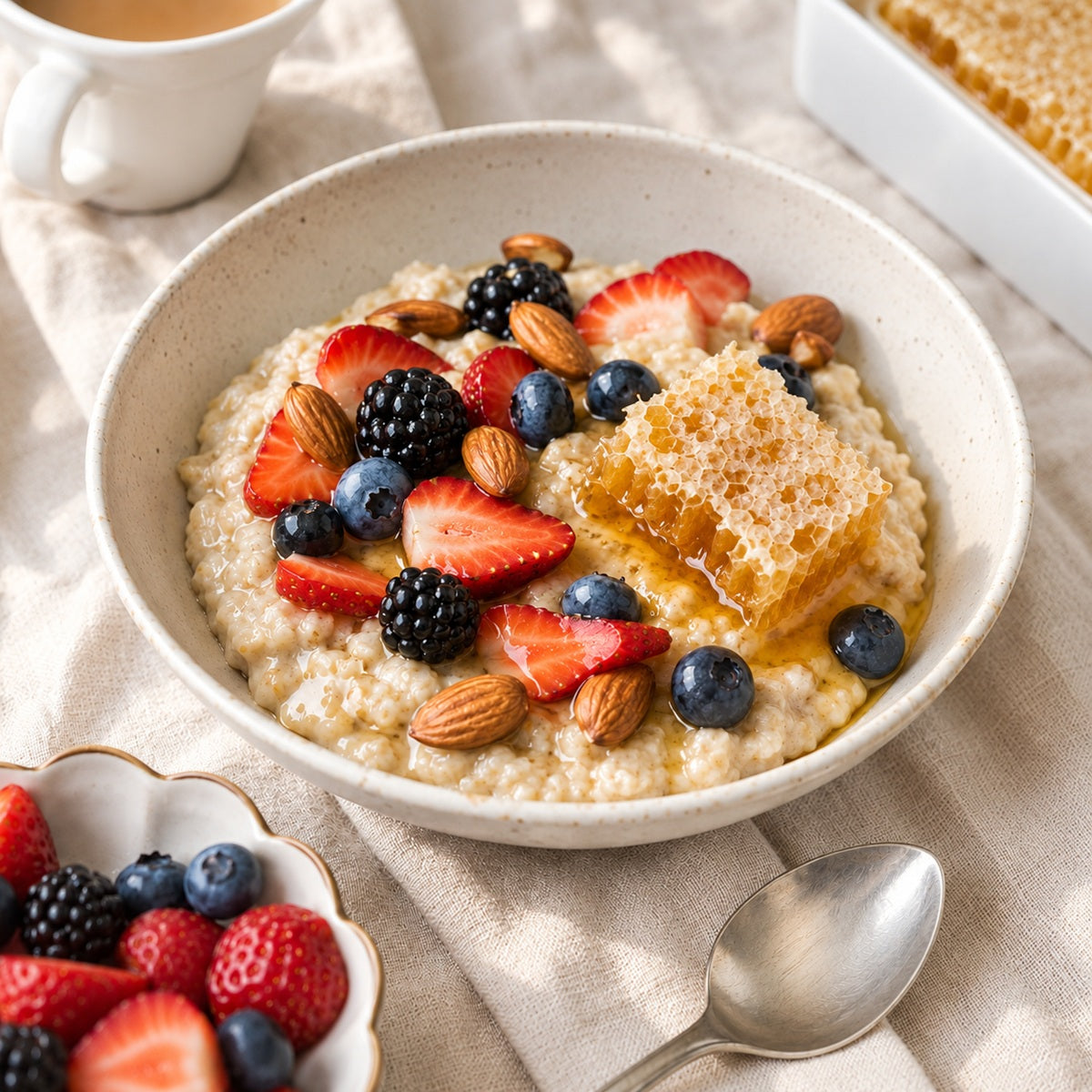 A bowl of porridge with fruit and a piece of raw acacia honeycomb on a beige cloth.