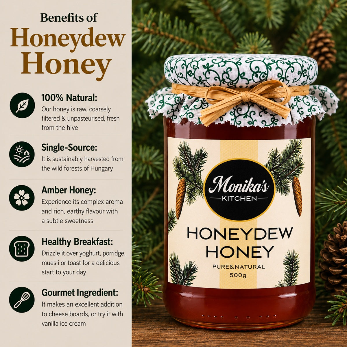 Infographic showing the benefits of eating honeydew honey.