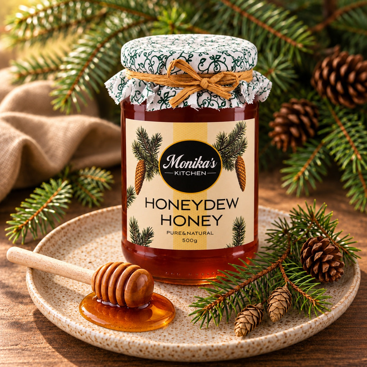 Jar of Monika's Kitchen Honeydew Honey with a honey dipper on a wooden surface with pine branches.