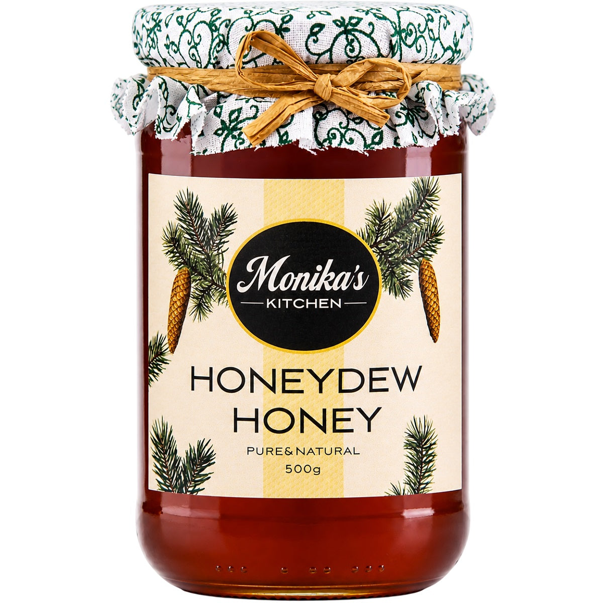Jar of raw honeydew honey, this deep amber forest honey has a rich, malty character and gentle sweetness.