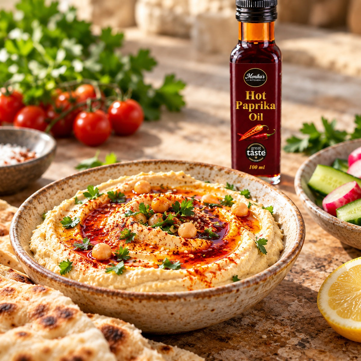Hummus with hot paprika oil and flatbread, with the bottle in the background.
