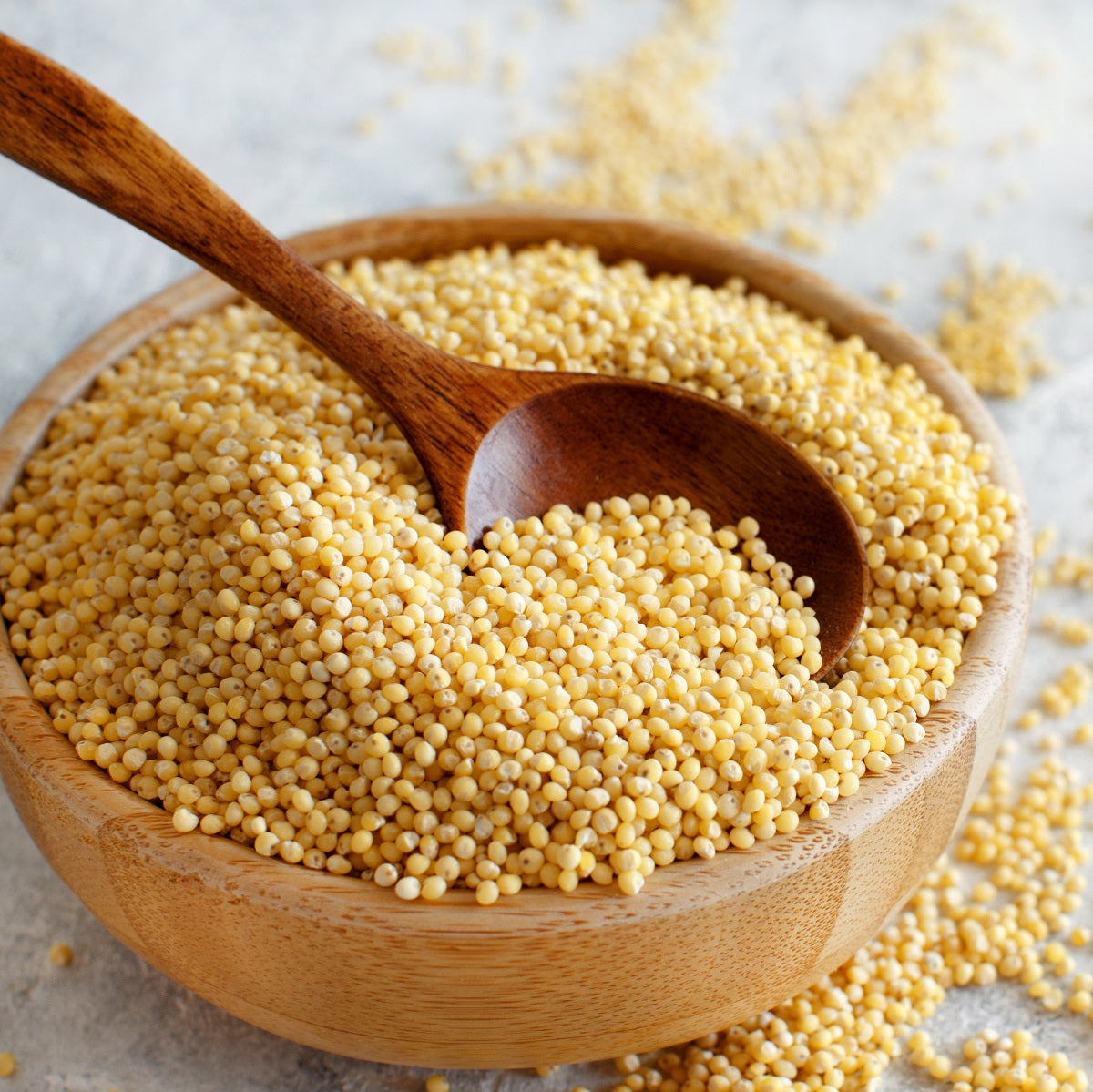 A bowl of hulled yellow millet, a gluten-free ancient grain rich in protein and fibre with a range of nutritional benefits.